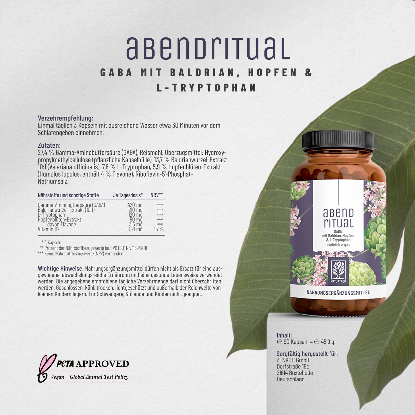 Abendritual GABA Baldrian Hopfen L-Tryptophan Etikett