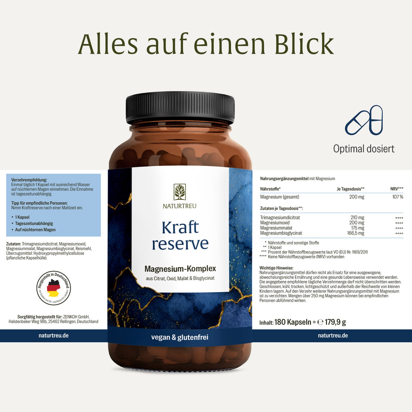 Etikett Kraftreserve Magnesium Komplexes von NATURTREU: Nährwertangaben, Inhaltsstoffe + Verzehrempfehlung
