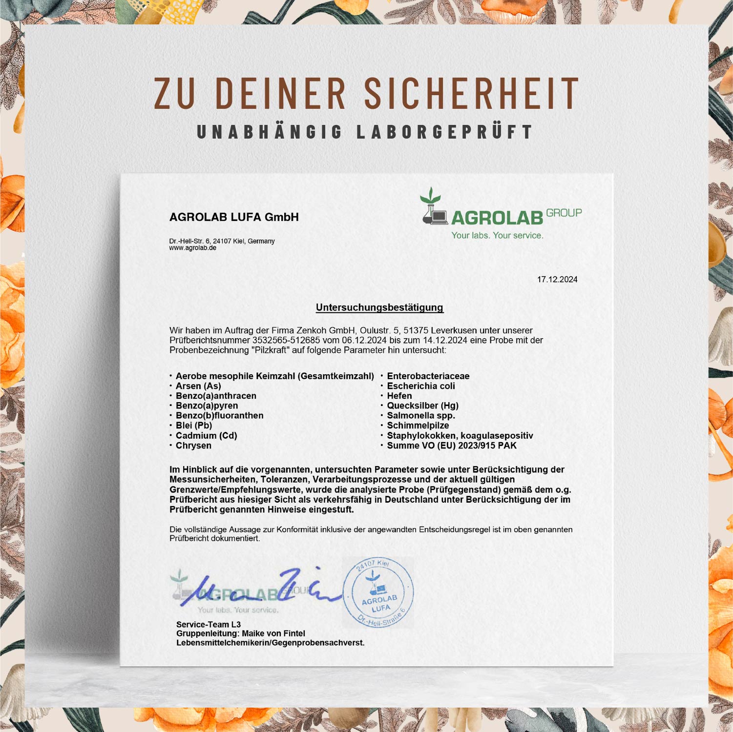 Pilzkraft Pilz-Komplex Laborzertifikat