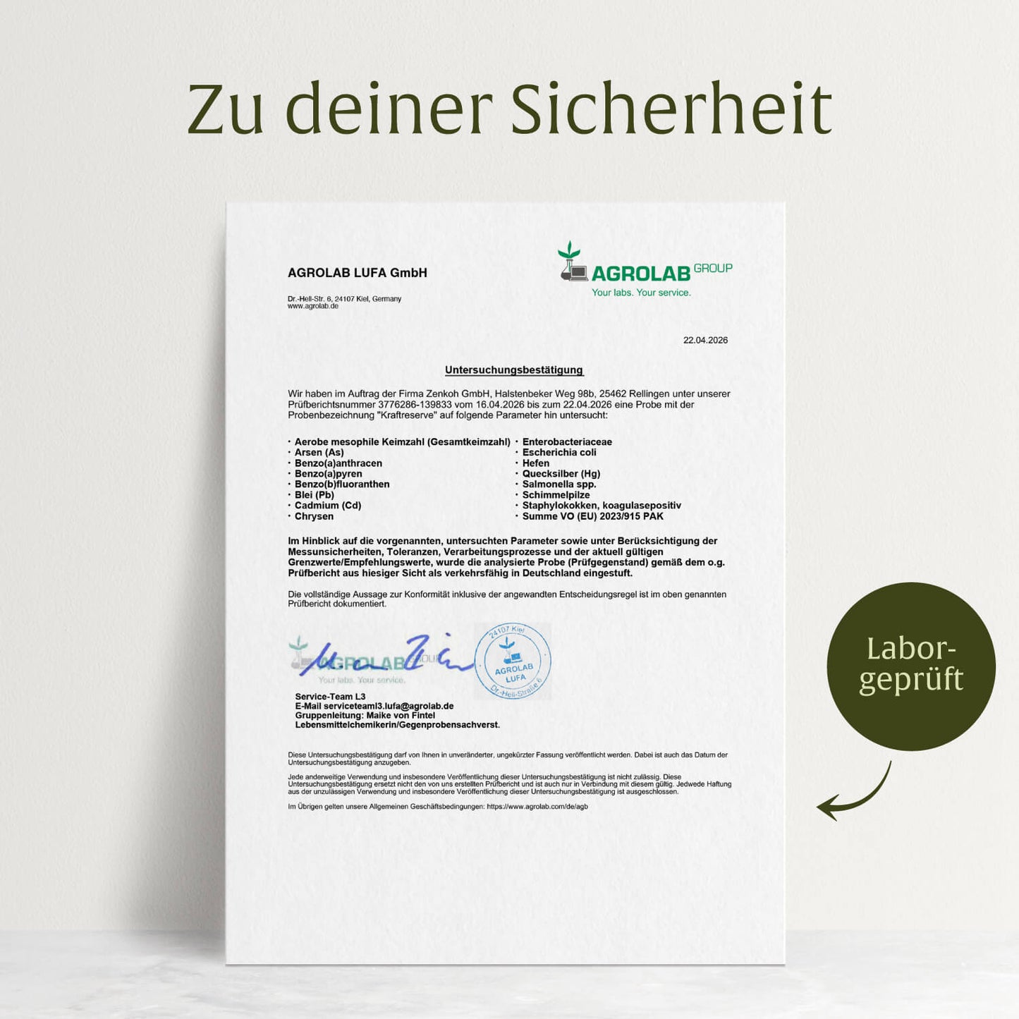 Laborzertifikat für NATURTREU Kraftreserve – Qualitätsprüfung und Reinheit bestätigt  