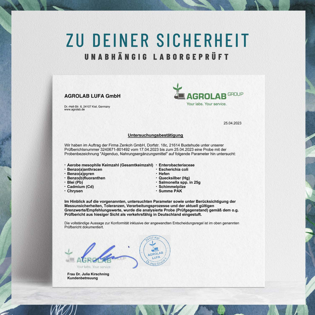 Algenduo Bio-Chlorella-und-Spirulina Laborzertifikat