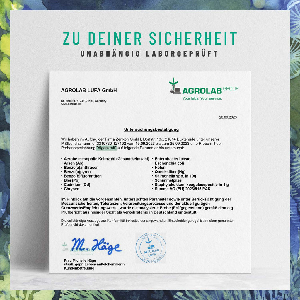 Algenkraft Omega-3 Algenöl Laborzertifikat