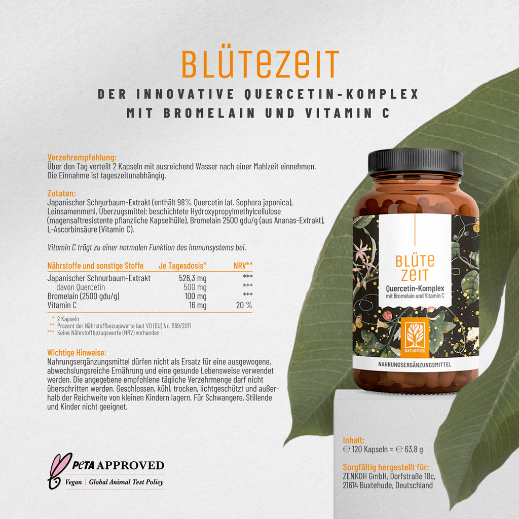 Blütezeit Quercetin Komplex mit Bromelain und Vitamin C Etikett