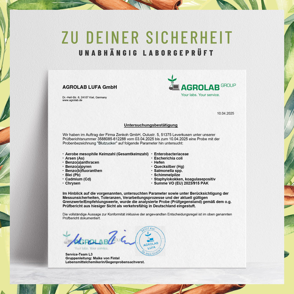 Blutzucker mit-Zimt-Inositol- Olivenblatt Laborzertifikat 