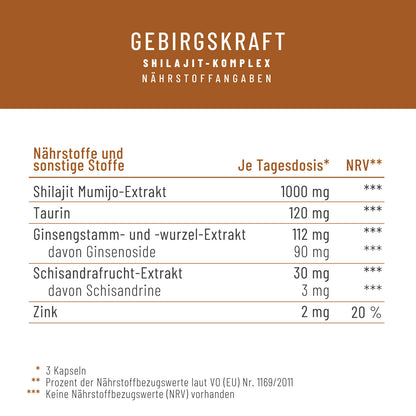 Gebirgskraft Shilajit-Komplex Naehrwerttabelle 
