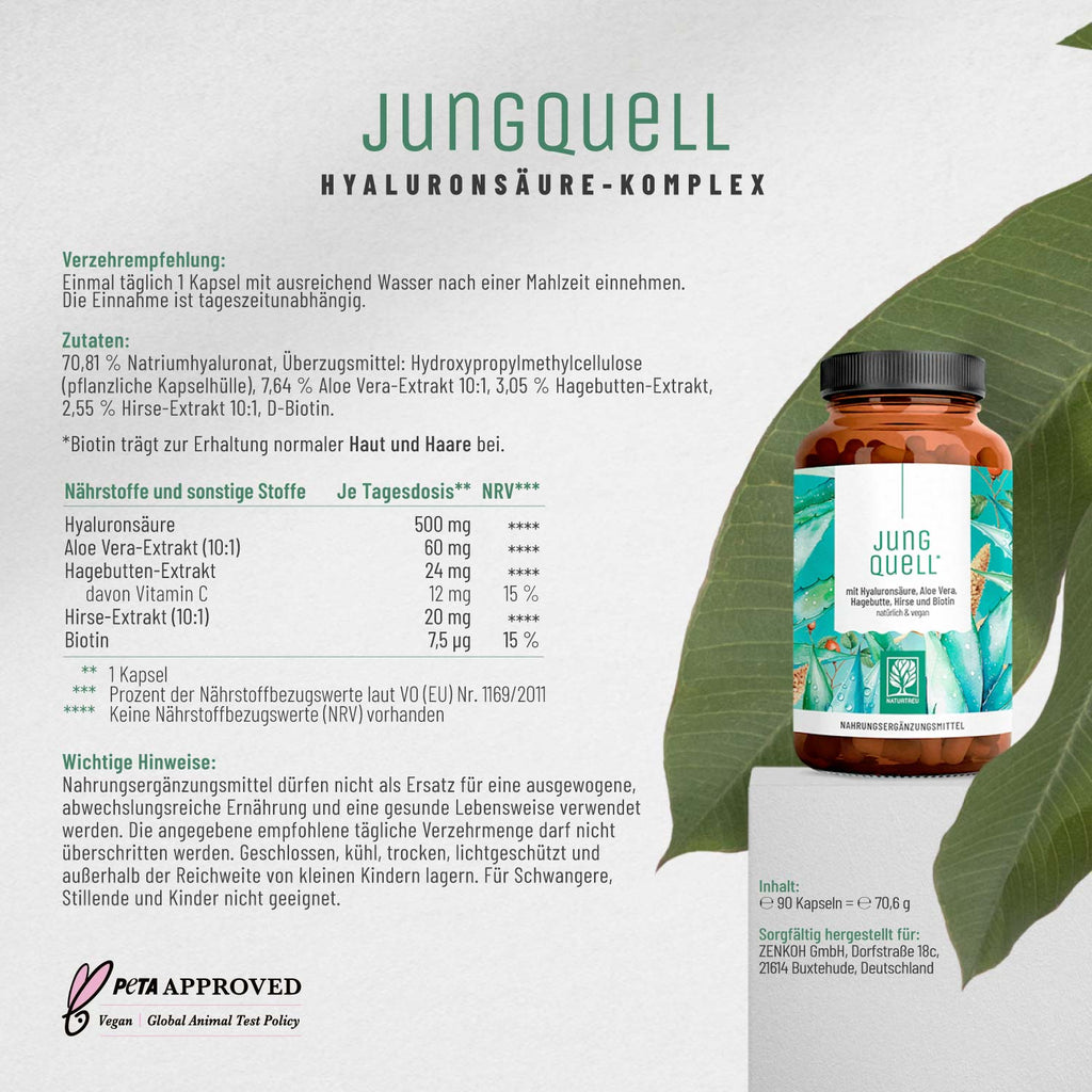 Jungquell mit Hyaluronsäure Aloe-Vera Hagebutte Hirse Biotin Etikett