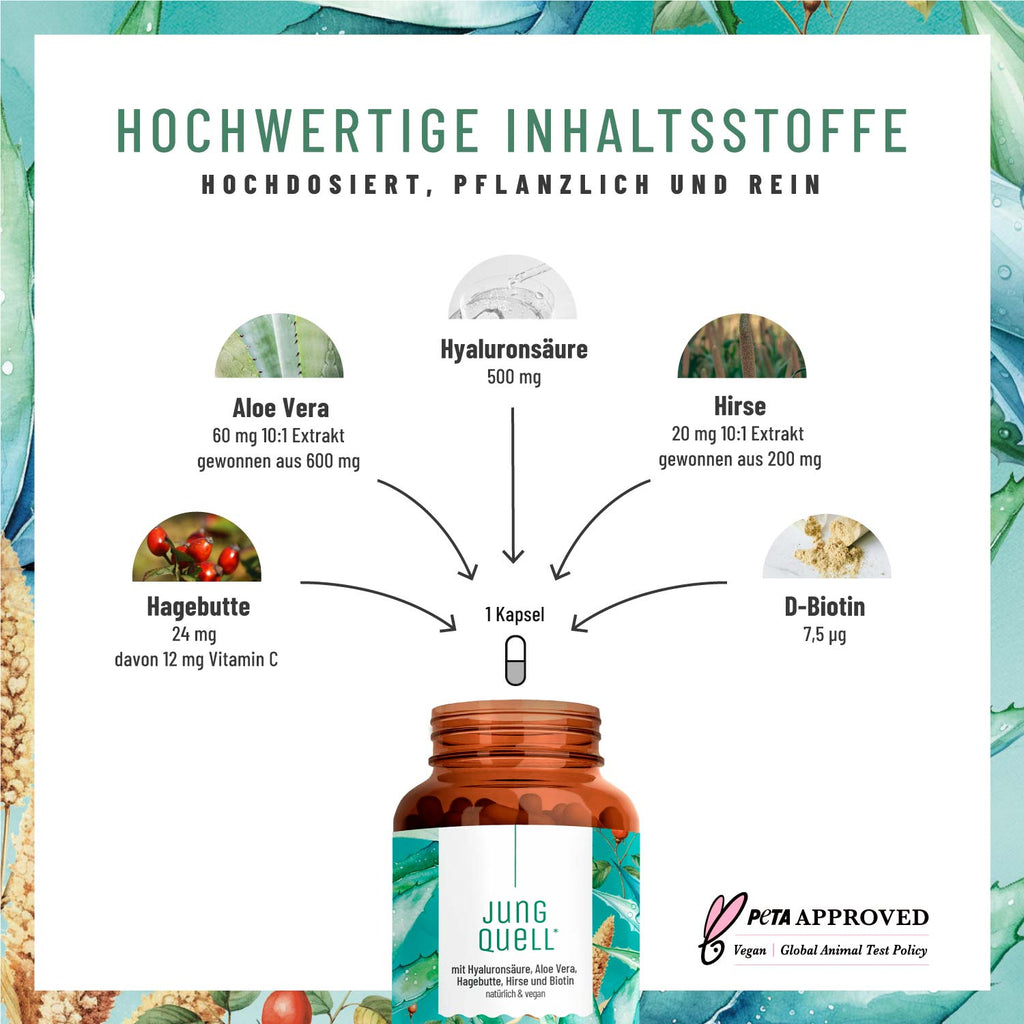 Jungquell mit Hyaluronsäure Aloe-Vera Hagebutte Hirse Biotin Inhaltsstoffe