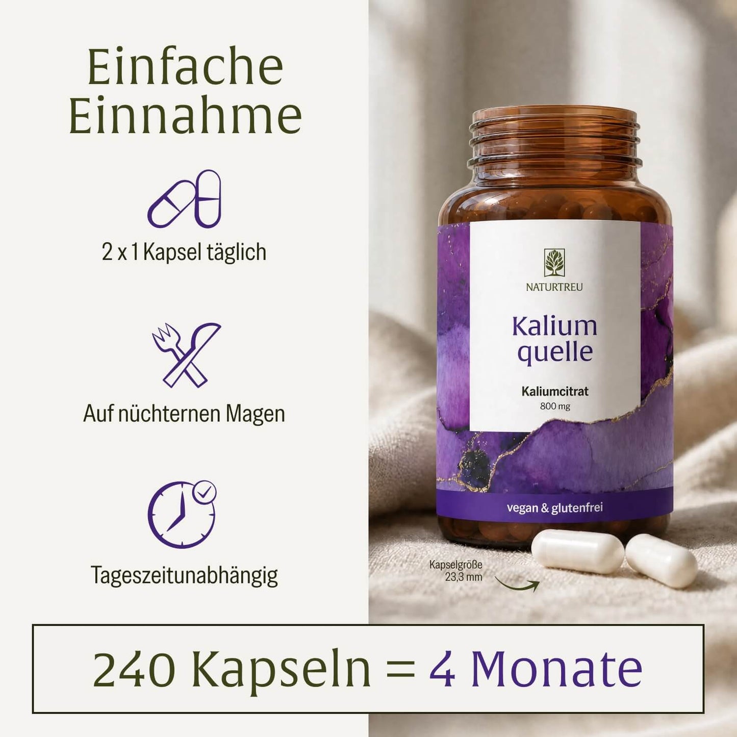Kaliumquelle: Kaliumkapseln mit 800 mg elementarem Kalium aus reinem Kaliumcitrat