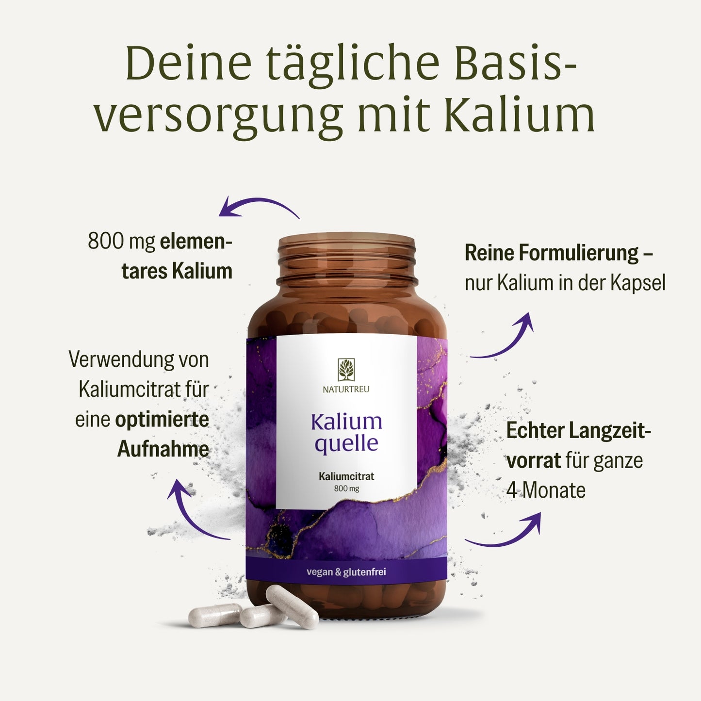 Kaliumquelle: Kaliumkapseln mit 800 mg elementarem Kalium aus reinem Kaliumcitrat