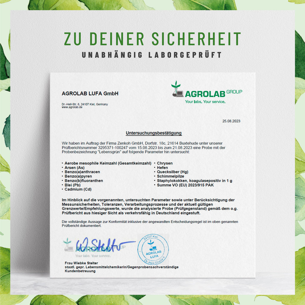 Lebensgruen Chlorophyll-Tropfen Laborzertifikat