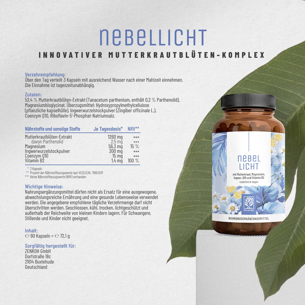 Nebellicht mit Mutterkraut Magnesium Ingwer  Q10 Vitamin B2 Etikett