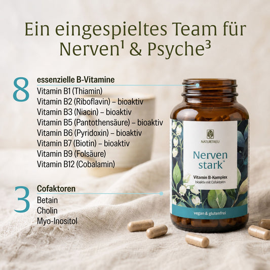 Qualitätsversprechen: NATRUTREU Nervenstark als hochdosierter Vitamin B Komplex aus allen 8 B Vitaminen.