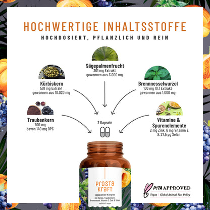 Prostakraft Saegepalmen-Komplex mit Kuerbis Traubenkern Brennnessel Vitamin E Zink Selen Hochwertige Inhaltsstoffe