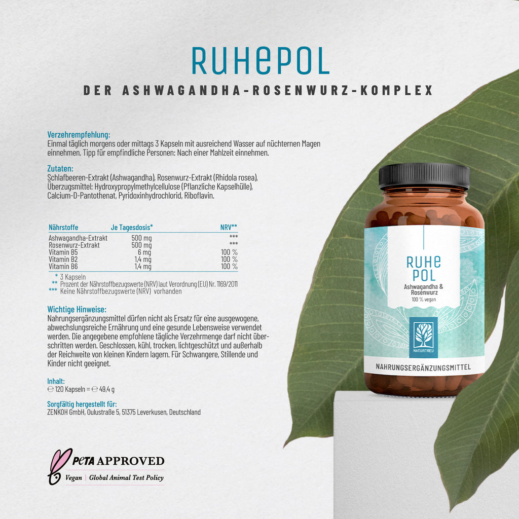 Ruhepol Ashwagandha Rosenwurz Etikett